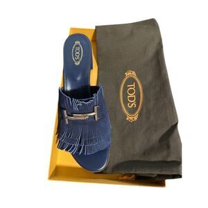 Tod's Women's Blue Suede Fringe Slingback Sandals Size 12 Casual